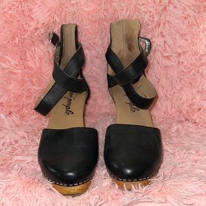 Free People Black and Tan Mules with Buckle Detail